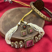 FS Collection Gold Plated Polki Kundan Stone And Beads Choker Necklace Set