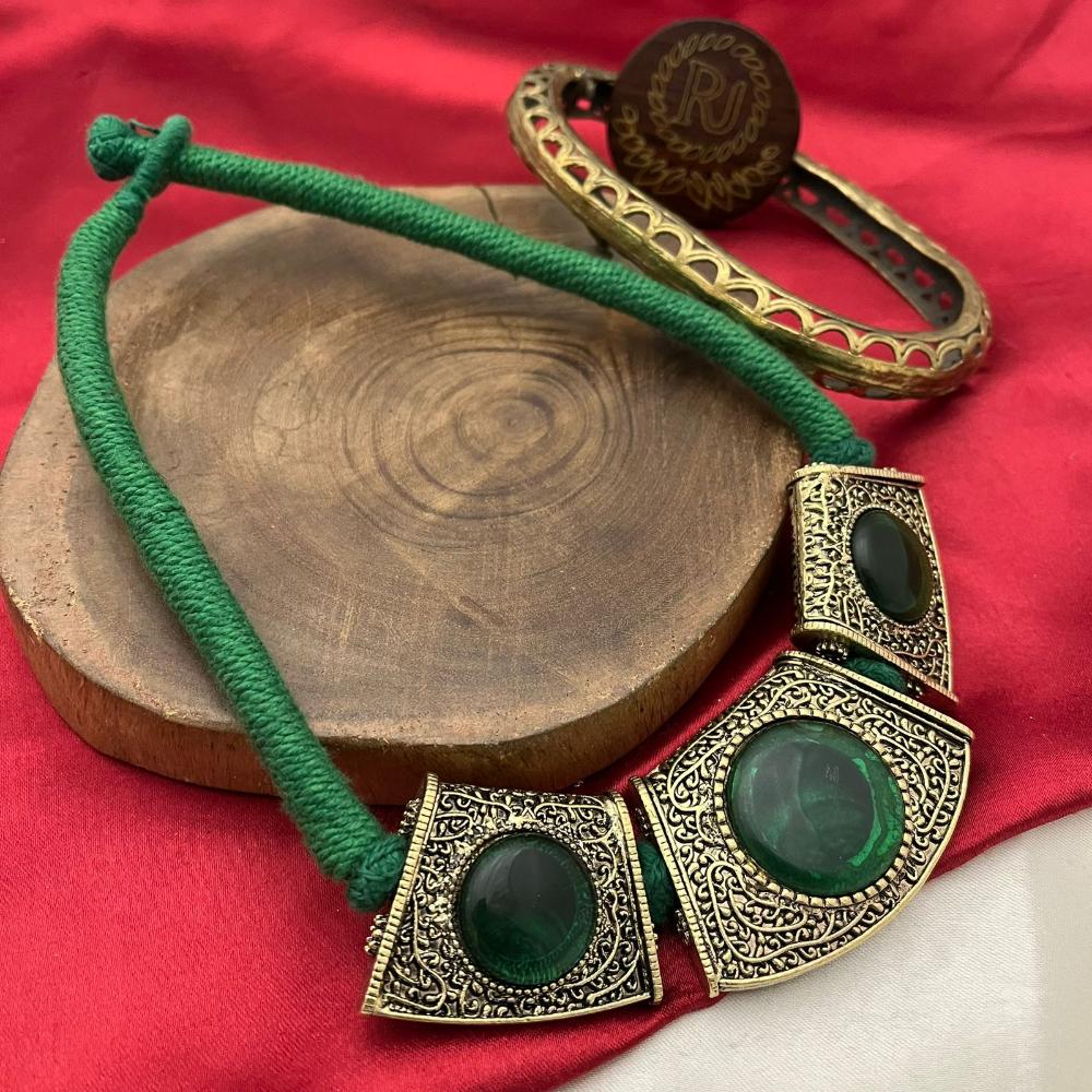 FS Collection Oxidised Plated Pota Stone Necklace Set