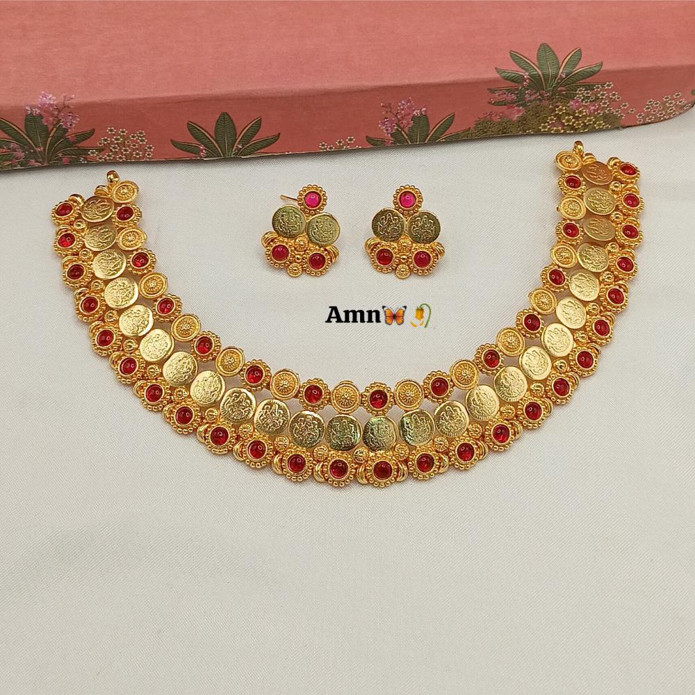 FS Collection Luxurious Gold Plated Pota Temple Choker Necklace Set