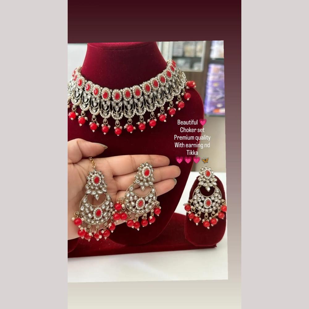 FS Collection Gold Plated Pota Stone And Beads Choker Necklace Set