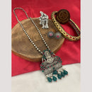 FS Collection Oxidised Plated Pota Stone And Pearls Temple Long Necklace Set