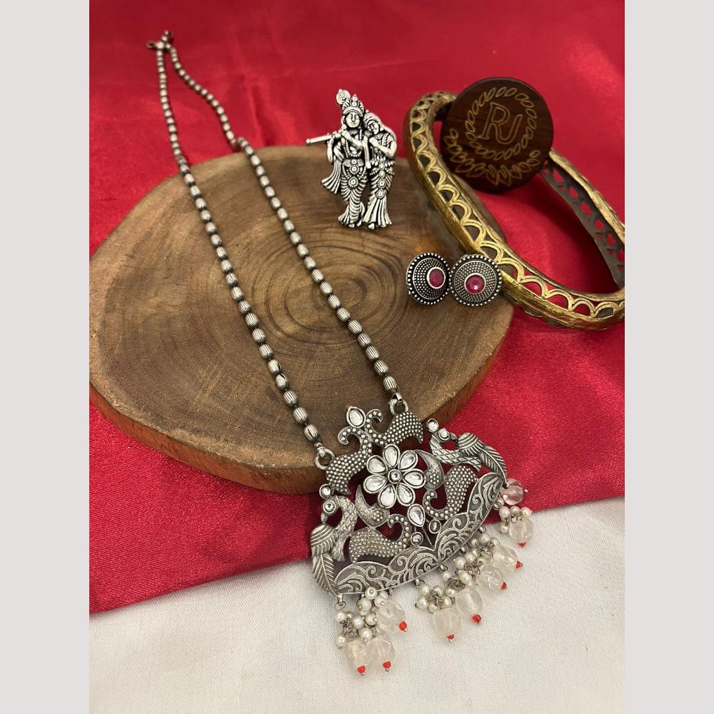 FS Collection Oxidised Plated Pota and Pearls  Modern Fusion Jewelry Long Necklace Set