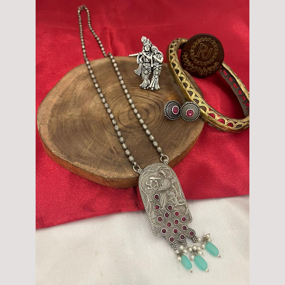 FS Collection Oxidised Plated Pota and Pearls  Modern Fusion Jewelry Long Necklace Set