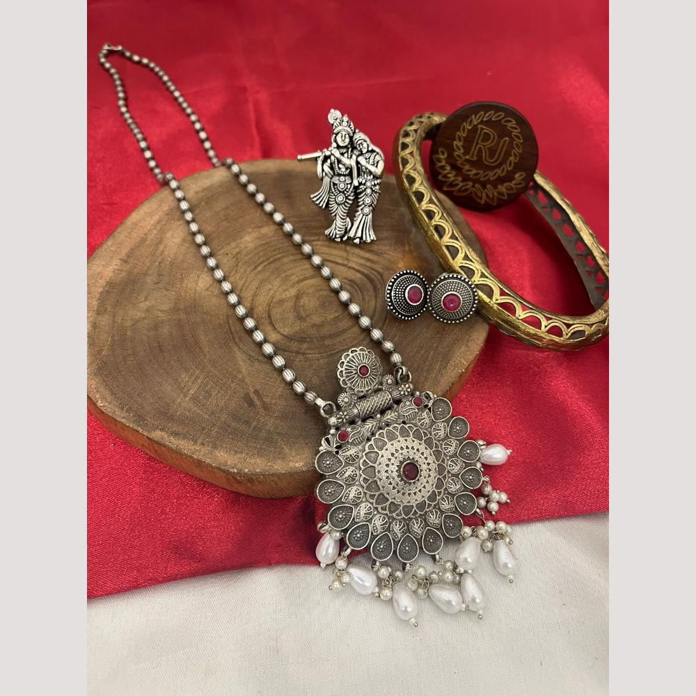 FS Collection Oxidised Plated Pota and Pearls  Modern Fusion Jewelry Long Necklace Set