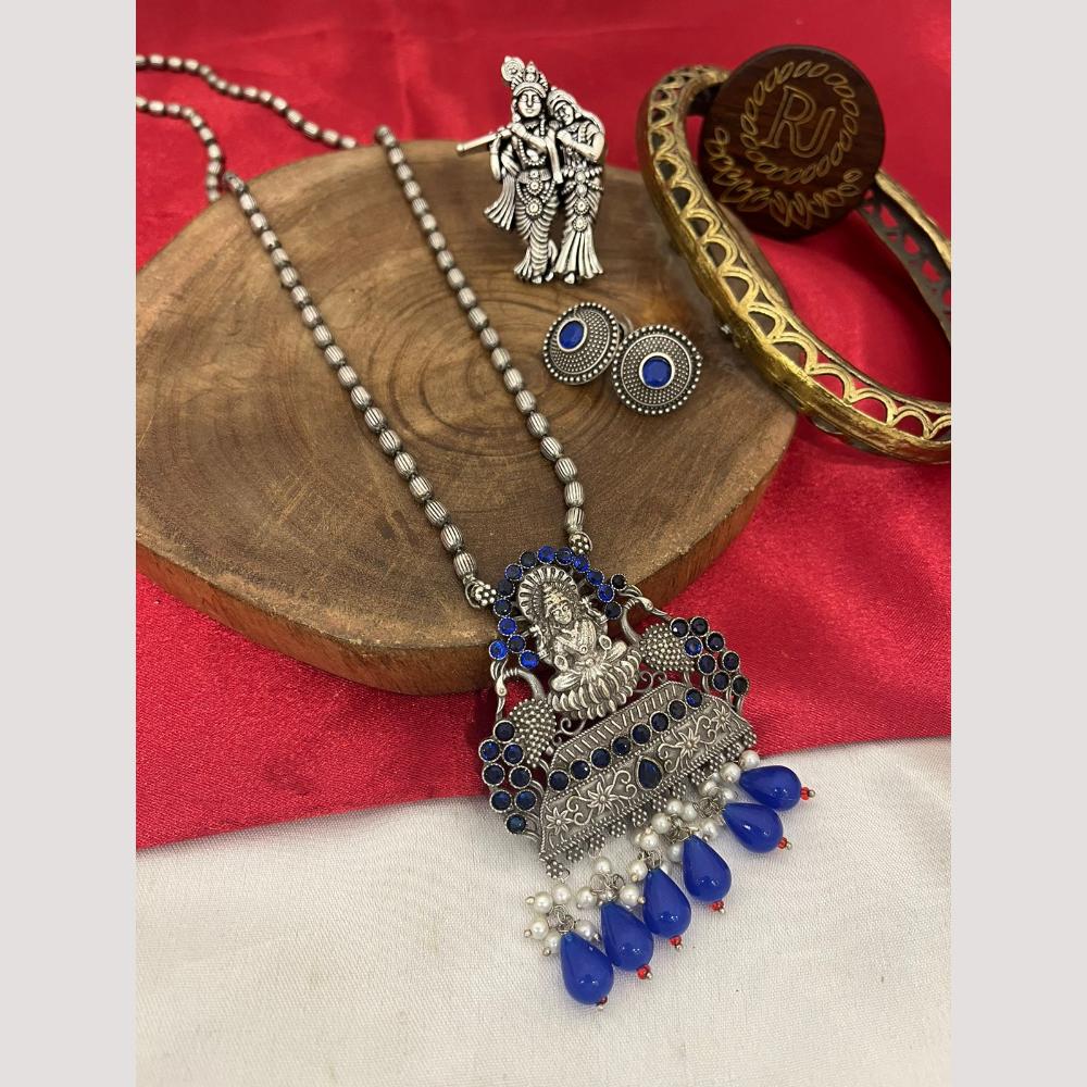FS Collection Oxidised Plated Pota Stone And Pearls Temple Long Necklace Set