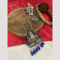 FS Collection Oxidised Plated Pota Stone And Pearls Temple Long Necklace Set