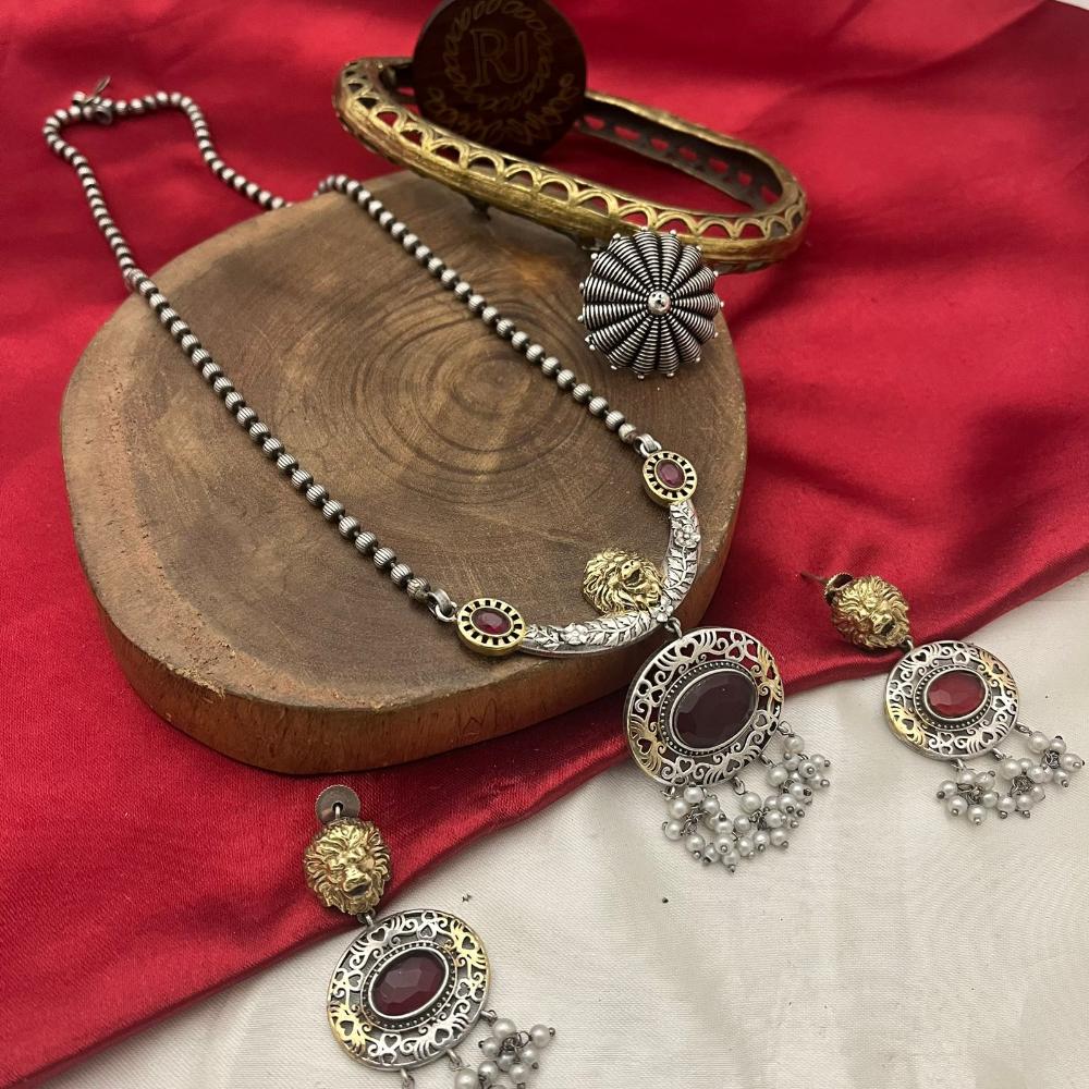 FS Collection Oxidised Plated Pota and Pearls  Modern Fusion Jewelry Long Necklace Set