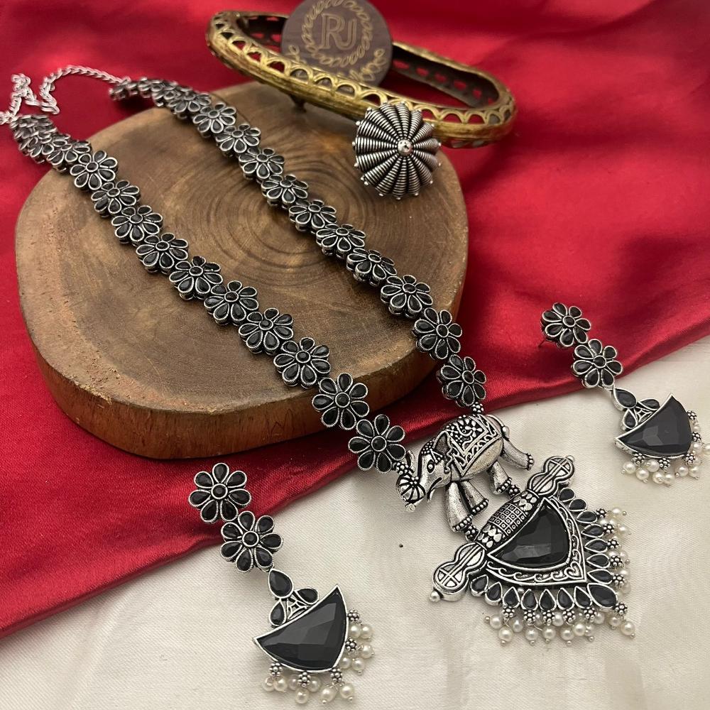 FS Collection Oxidised Plated Pota and Pearls  Modern Fusion Jewelry Long Necklace Set