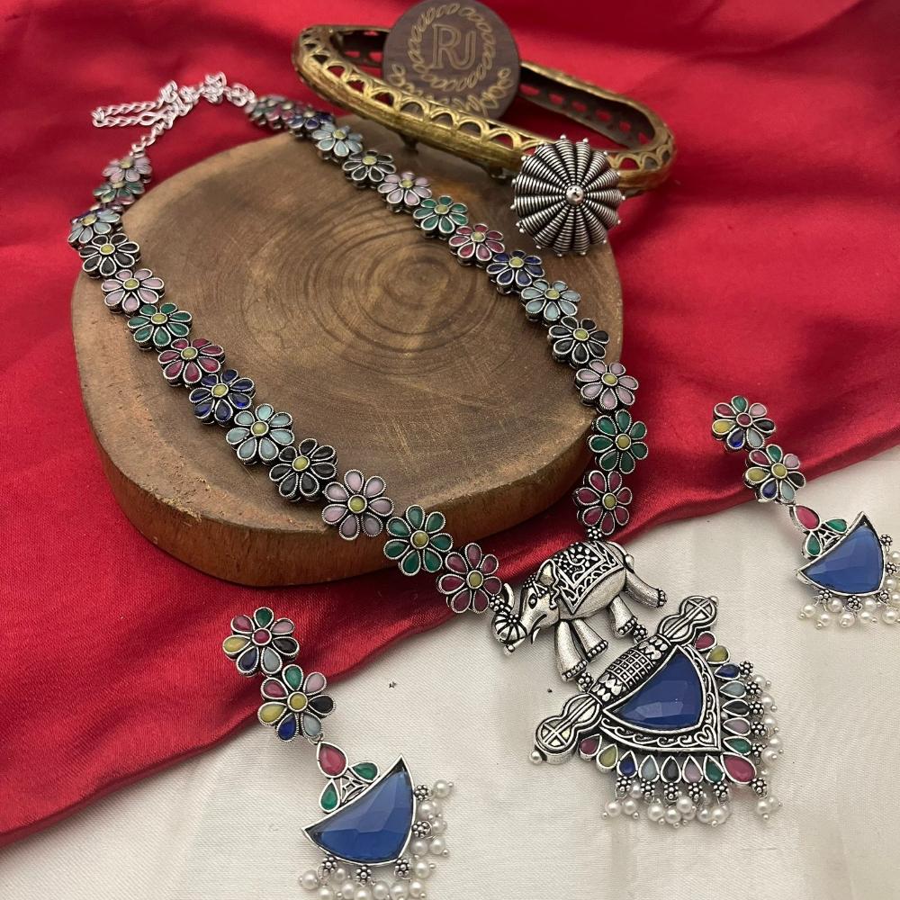 FS Collection Oxidised Plated Pota and Pearls  Modern Fusion Jewelry Long Necklace Set