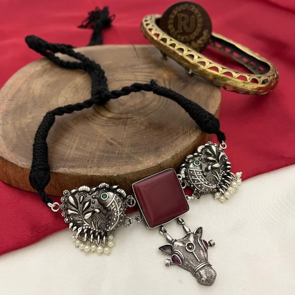 FS Collection Oxidised Plated Pota Stone And Pearls Choker Necklace Set