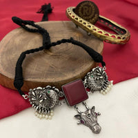 FS Collection Oxidised Plated Pota Stone And Pearls Choker Necklace Set