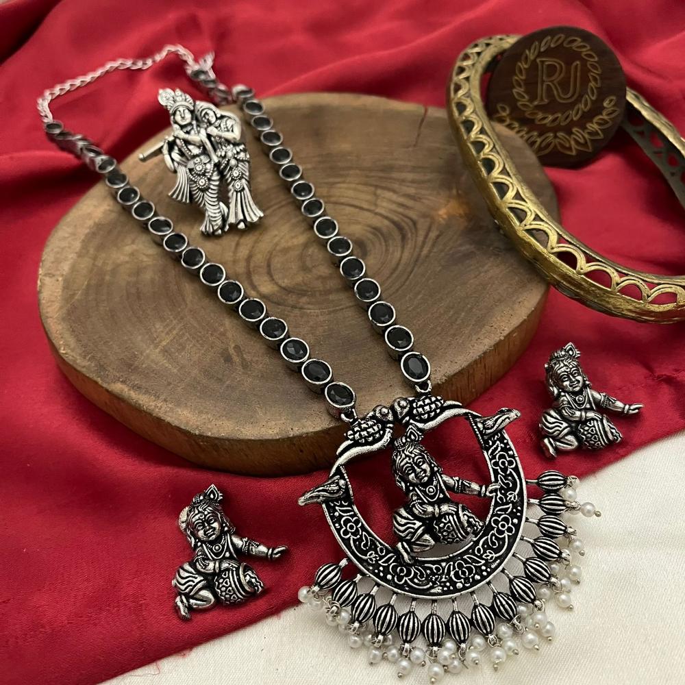 FS Collection Oxidised Plated Pota Stone And Pearls Temple Long Necklace Set