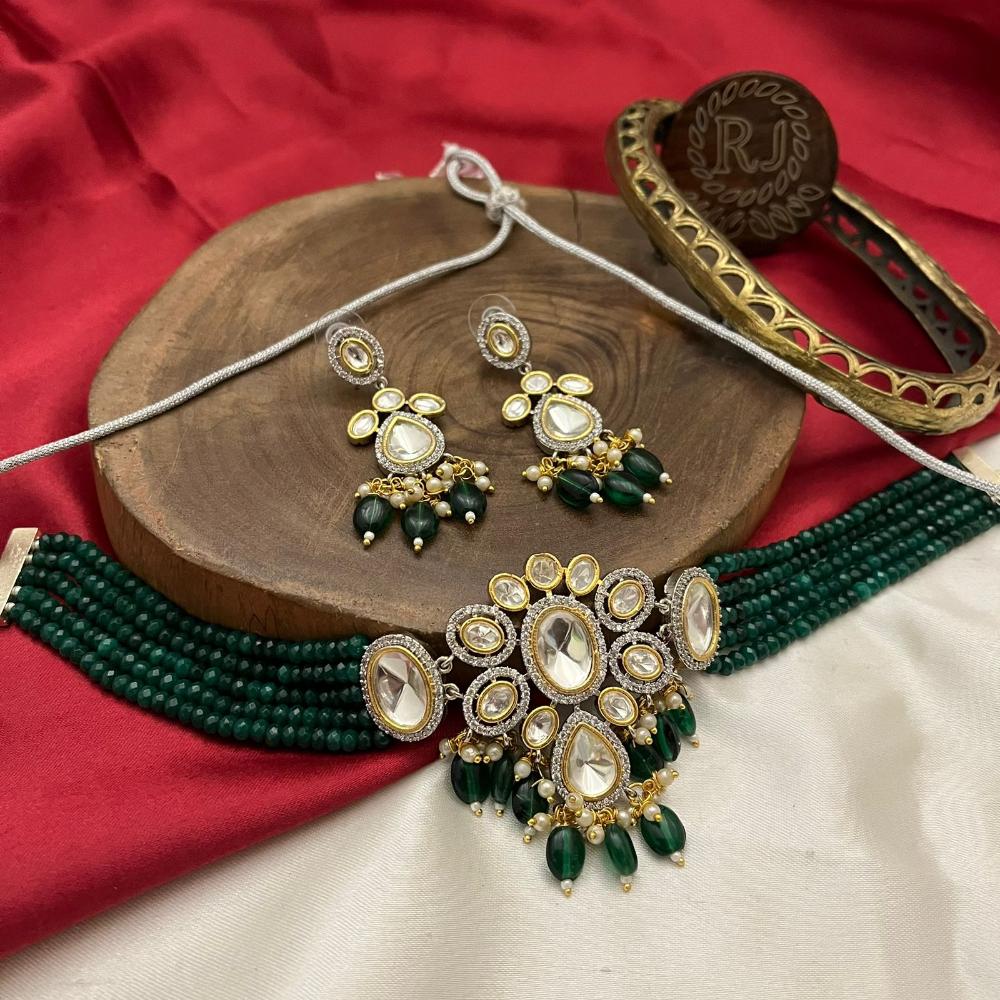 FS Collection Gold Plated Kundan Stone Pearl And Beads Choker Necklace Set