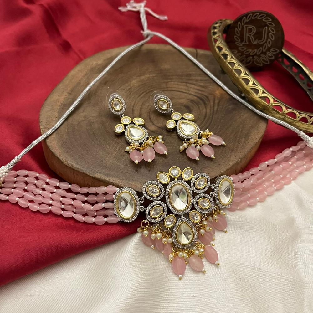 FS Collection Gold Plated Kundan Stone Pearl And Beads Choker Necklace Set