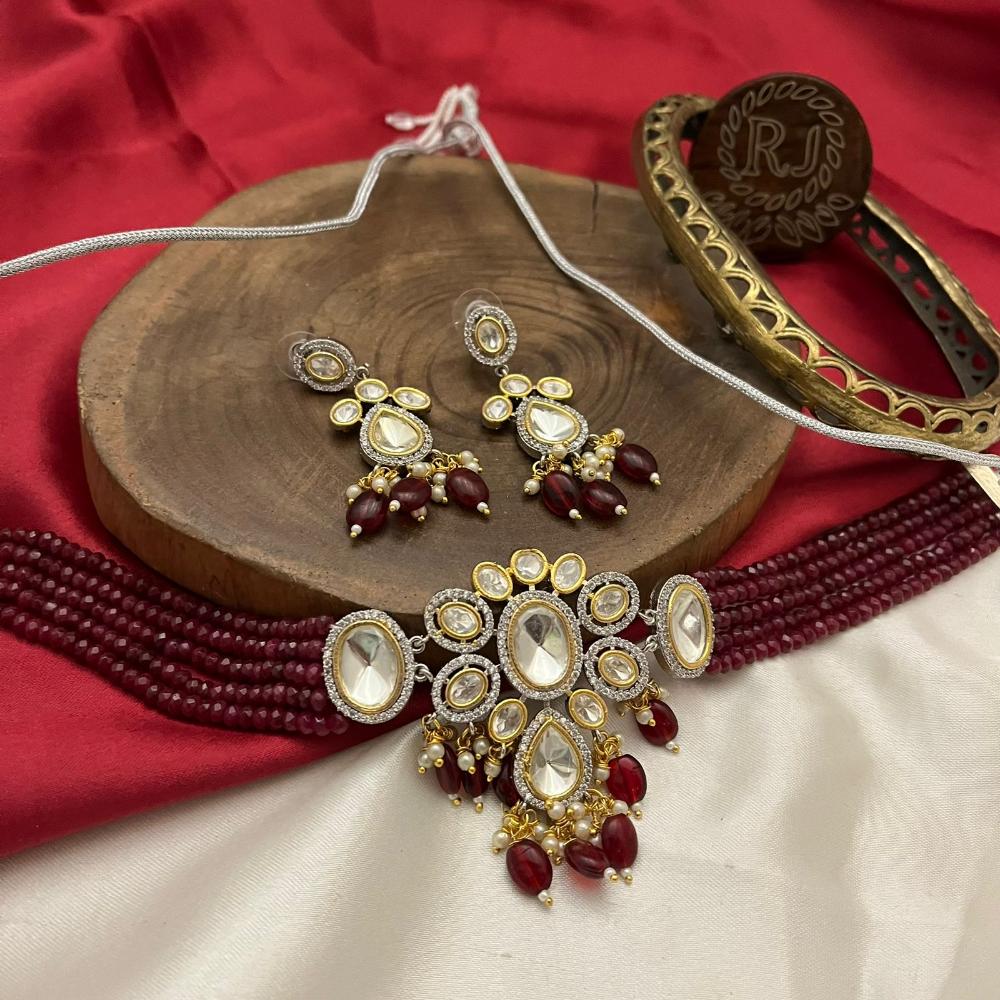 FS Collection Gold Plated Kundan Stone Pearl And Beads Choker Necklace Set