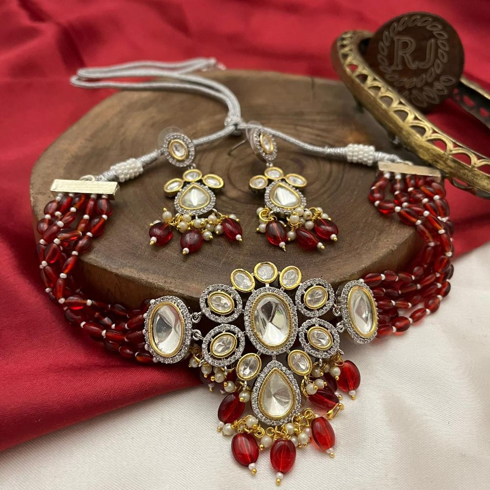 FS Collection Gold Plated Kundan Stone Pearl And Beads Choker Necklace Set