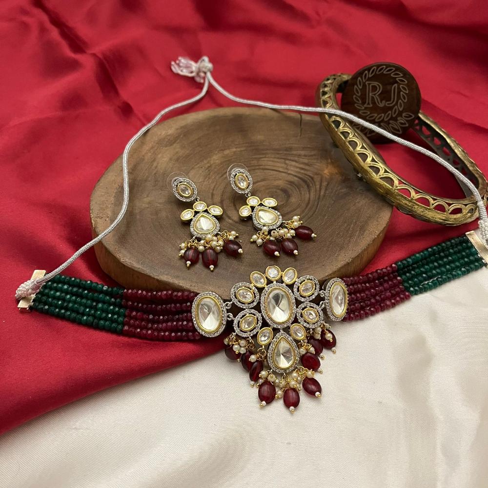 FS Collection Gold Plated Kundan Stone Pearl And Beads Choker Necklace Set