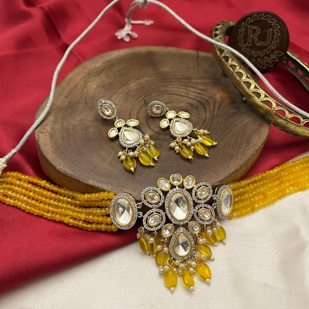 FS Collection Gold Plated Kundan Stone Pearl And Beads Choker Necklace Set