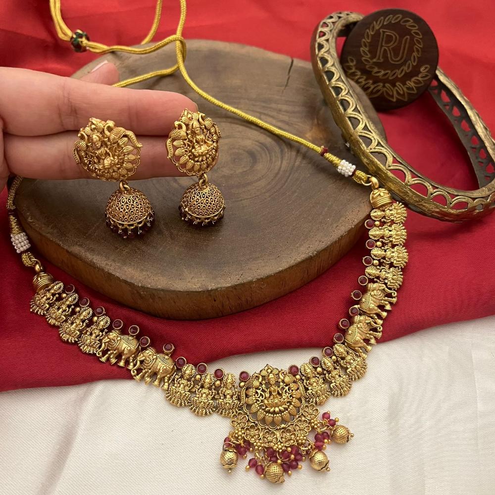 FS Collection Gold Plated Pota Stone And Beads Temple Necklace Set