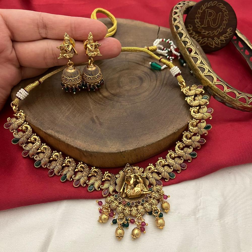 FS Collection Gold Plated Pota Stone And Beads Temple Necklace Set