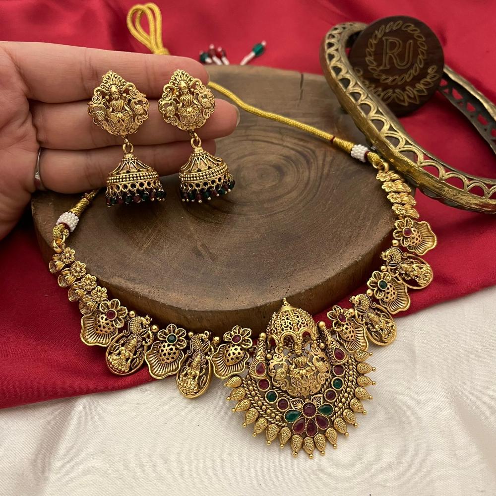 FS Collection Gold Plated Pota Stone And Beads Temple Necklace Set