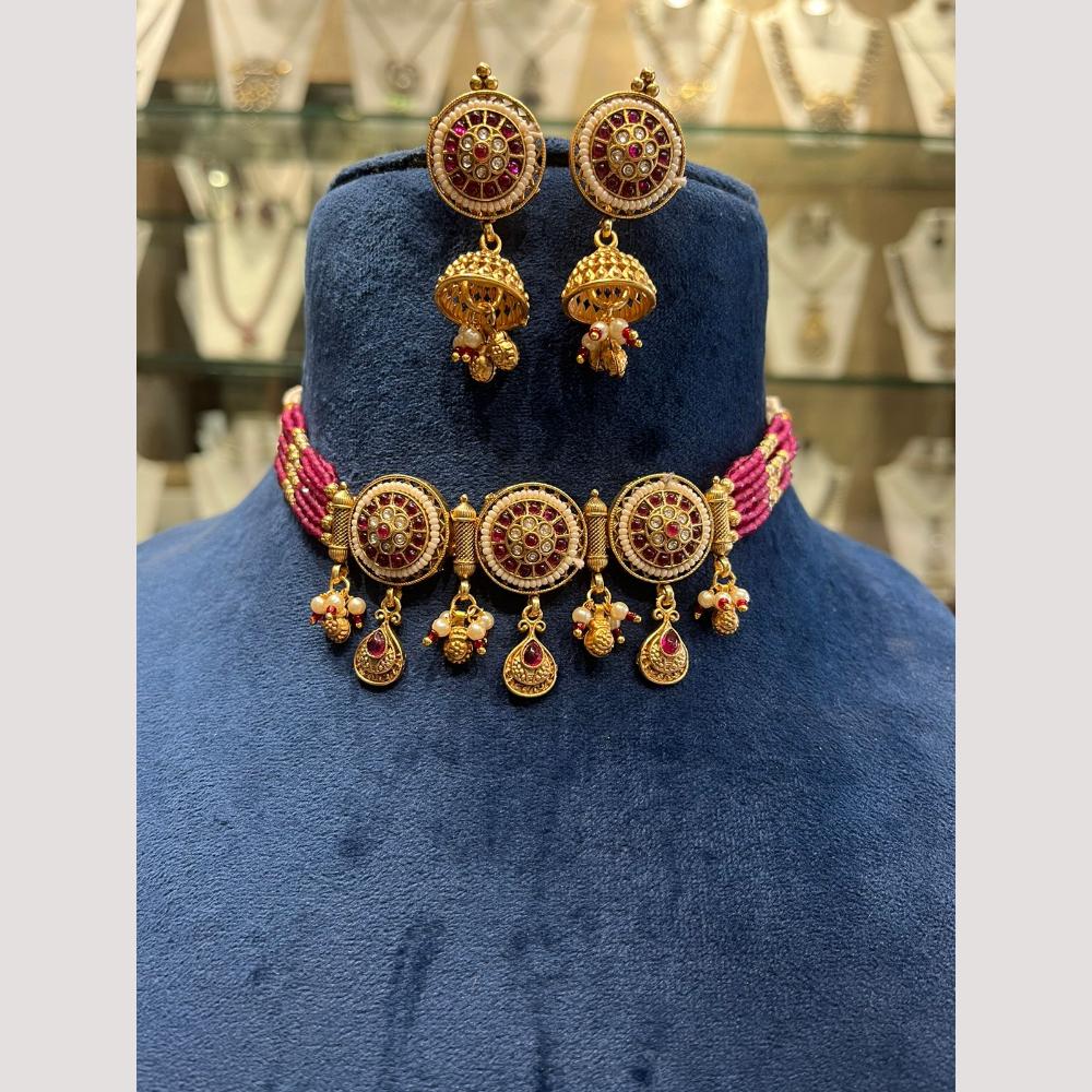 FS Collection Gold Plated Pota Stone And Beads Choker Necklace Set