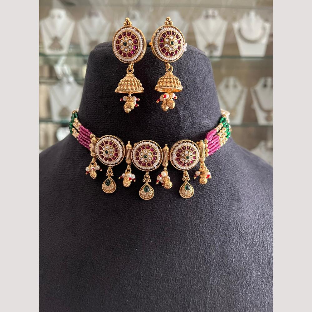 FS Collection Gold Plated Pota Stone And Beads Choker Necklace Set