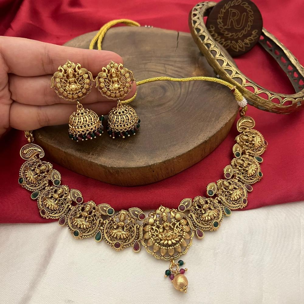 FS Collection Gold Plated Pota Stone And Beads Temple Necklace Set