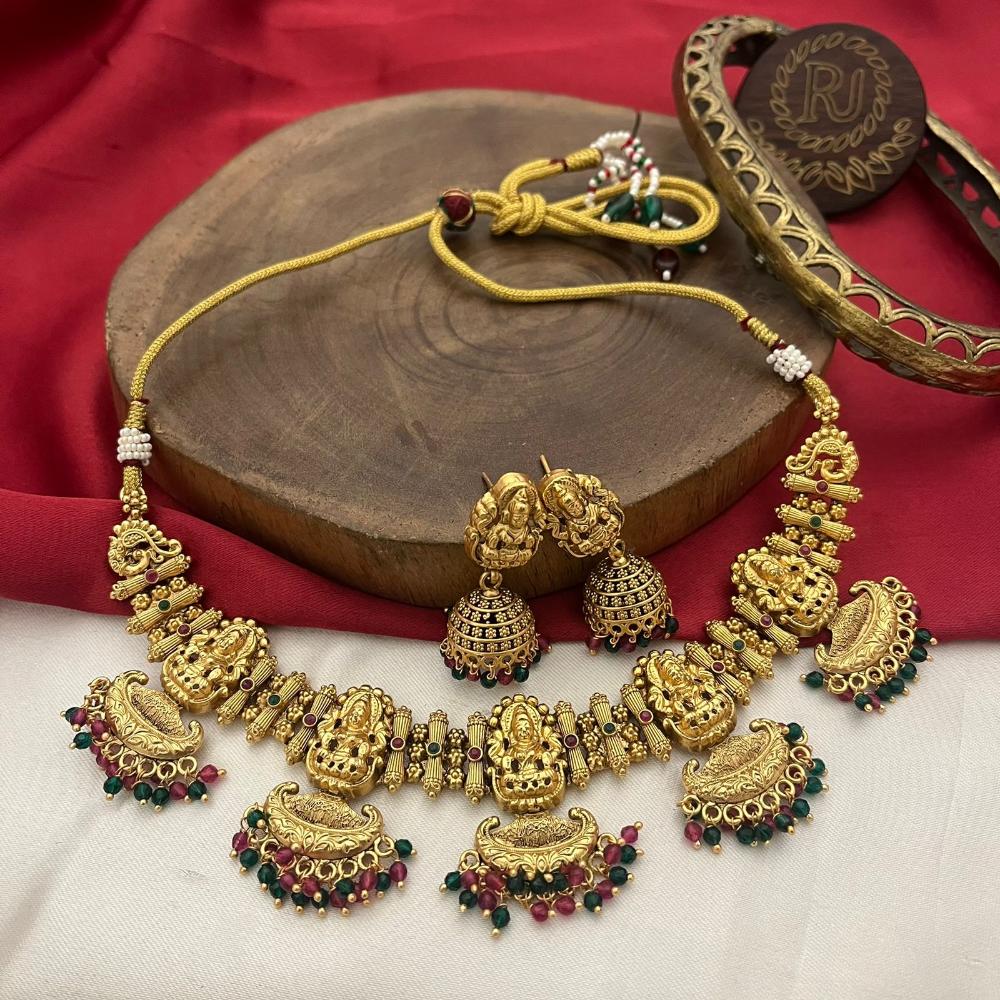 FS Collection Gold Plated Pota Stone And Beads Temple Necklace Set
