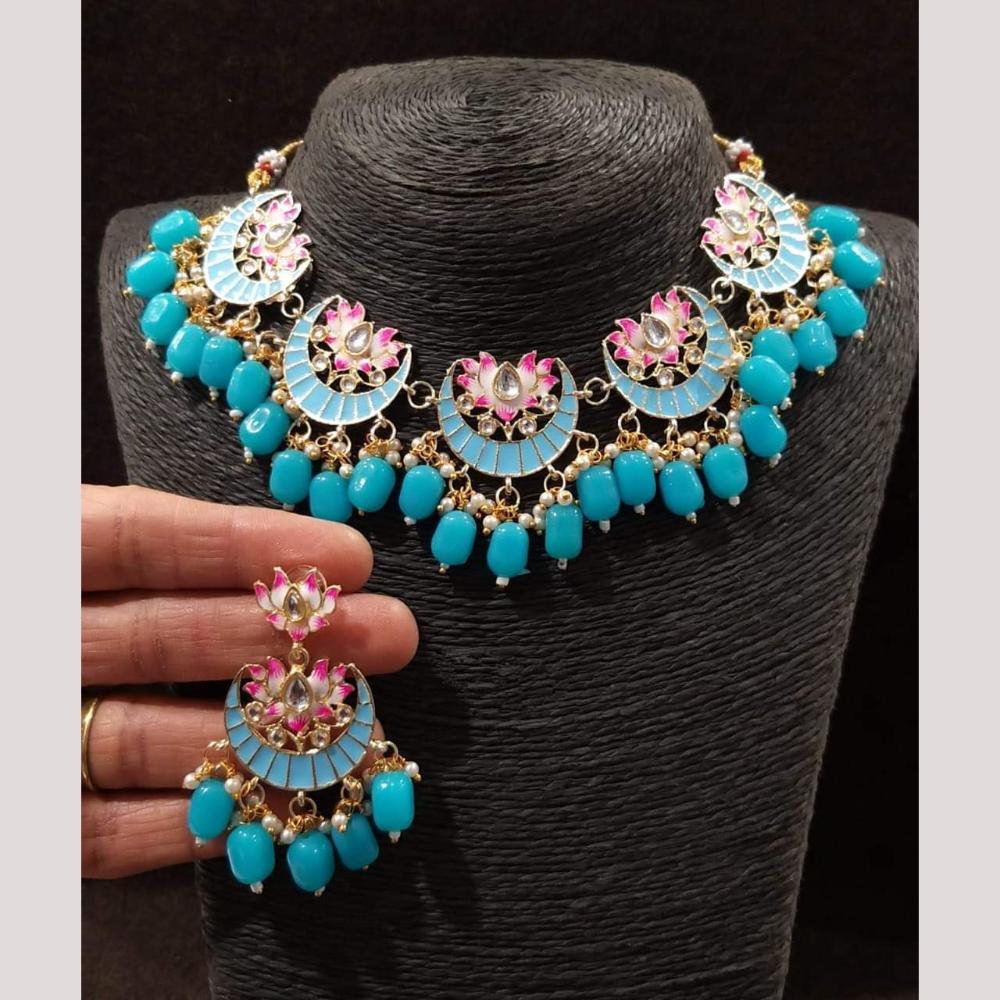FS Collection Gold Plated Pota Stone And Pearls Choker Meenakari  Necklace Set