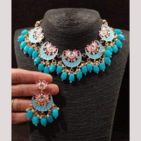 FS Collection Gold Plated Pota Stone And Pearls Choker Meenakari  Necklace Set