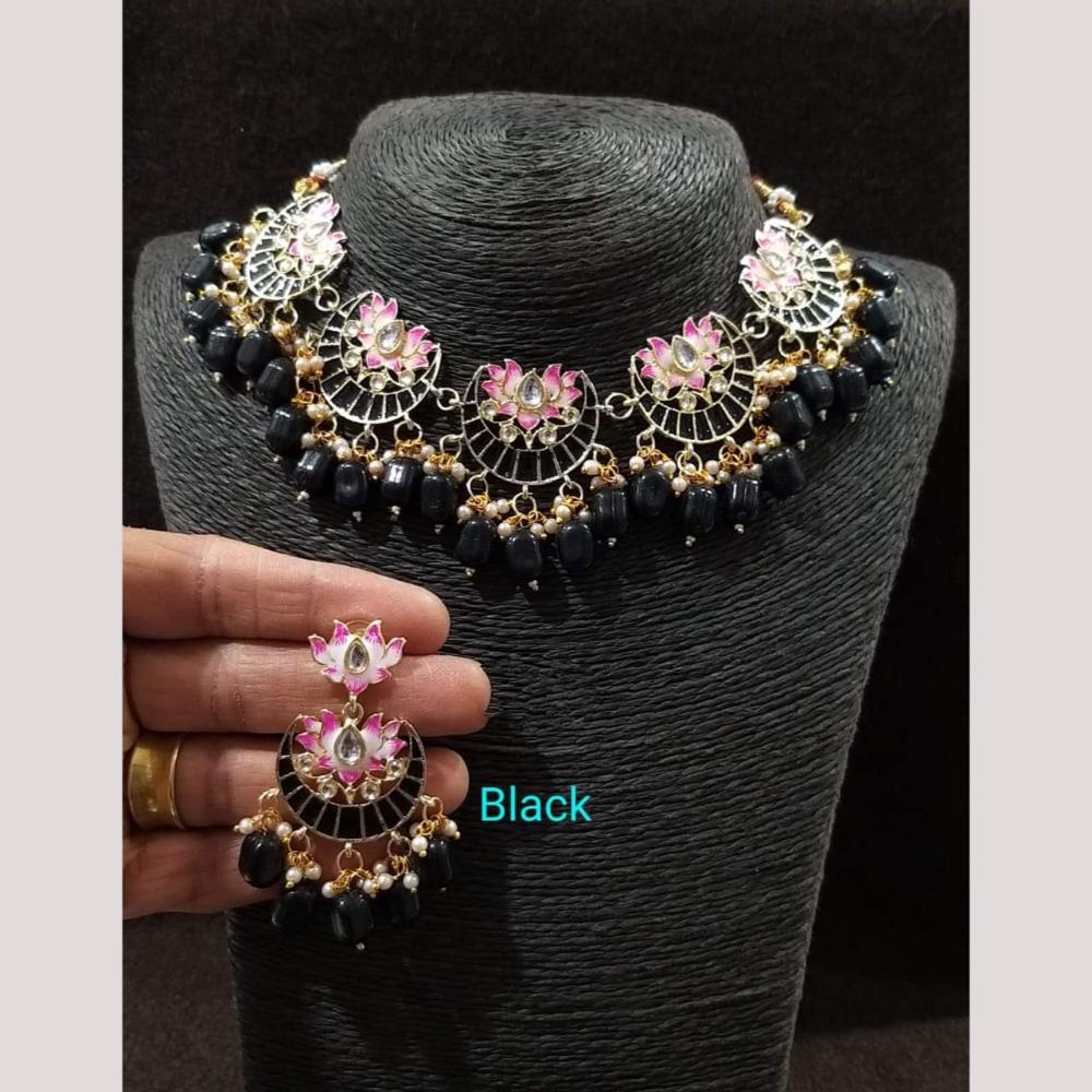 FS Collection Gold Plated Pota Stone And Pearls Choker Meenakari  Necklace Set
