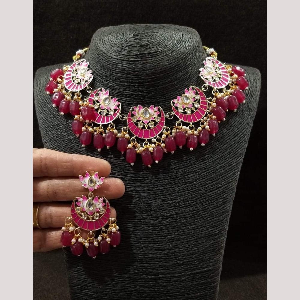 FS Collection Gold Plated Pota Stone And Pearls Choker Meenakari  Necklace Set
