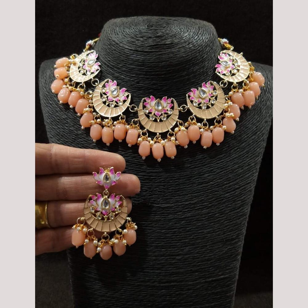 FS Collection Gold Plated Pota Stone And Pearls Choker Meenakari  Necklace Set