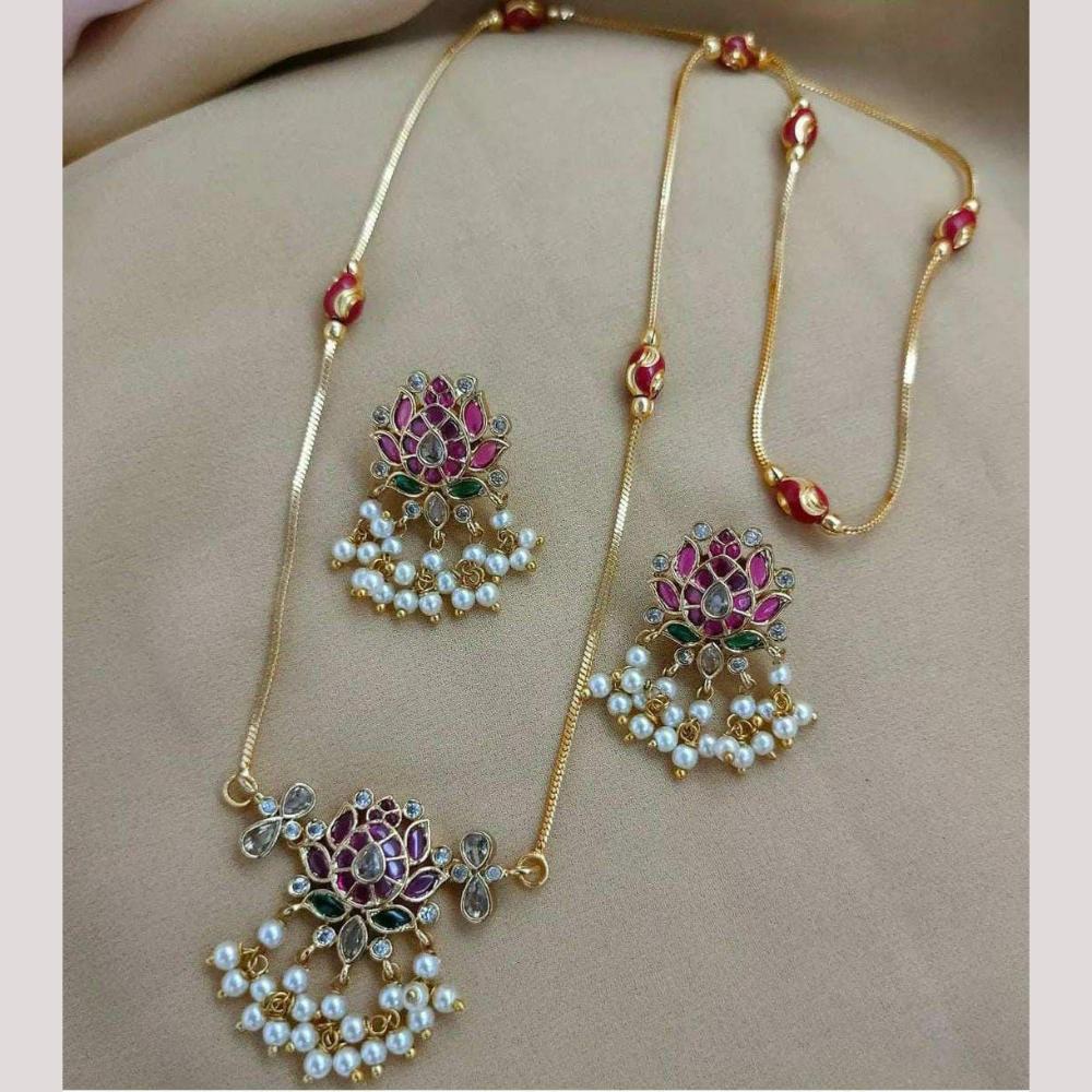 FS Collection Gold Plated Pota Stone And Pearl Long Necklace Set