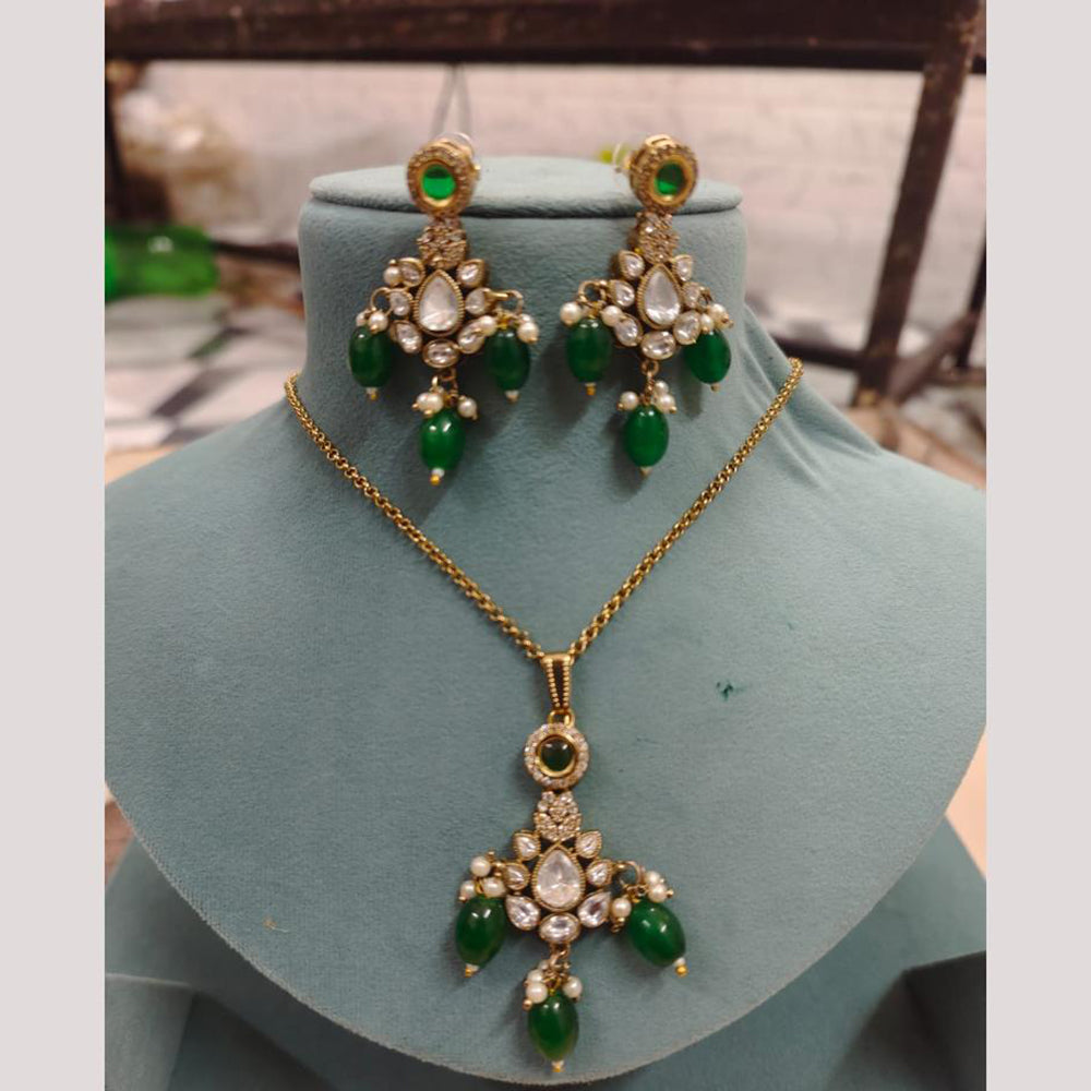FS Collection Designer Gold Plated Kundan And Beads Traditional Chain Pendant Set