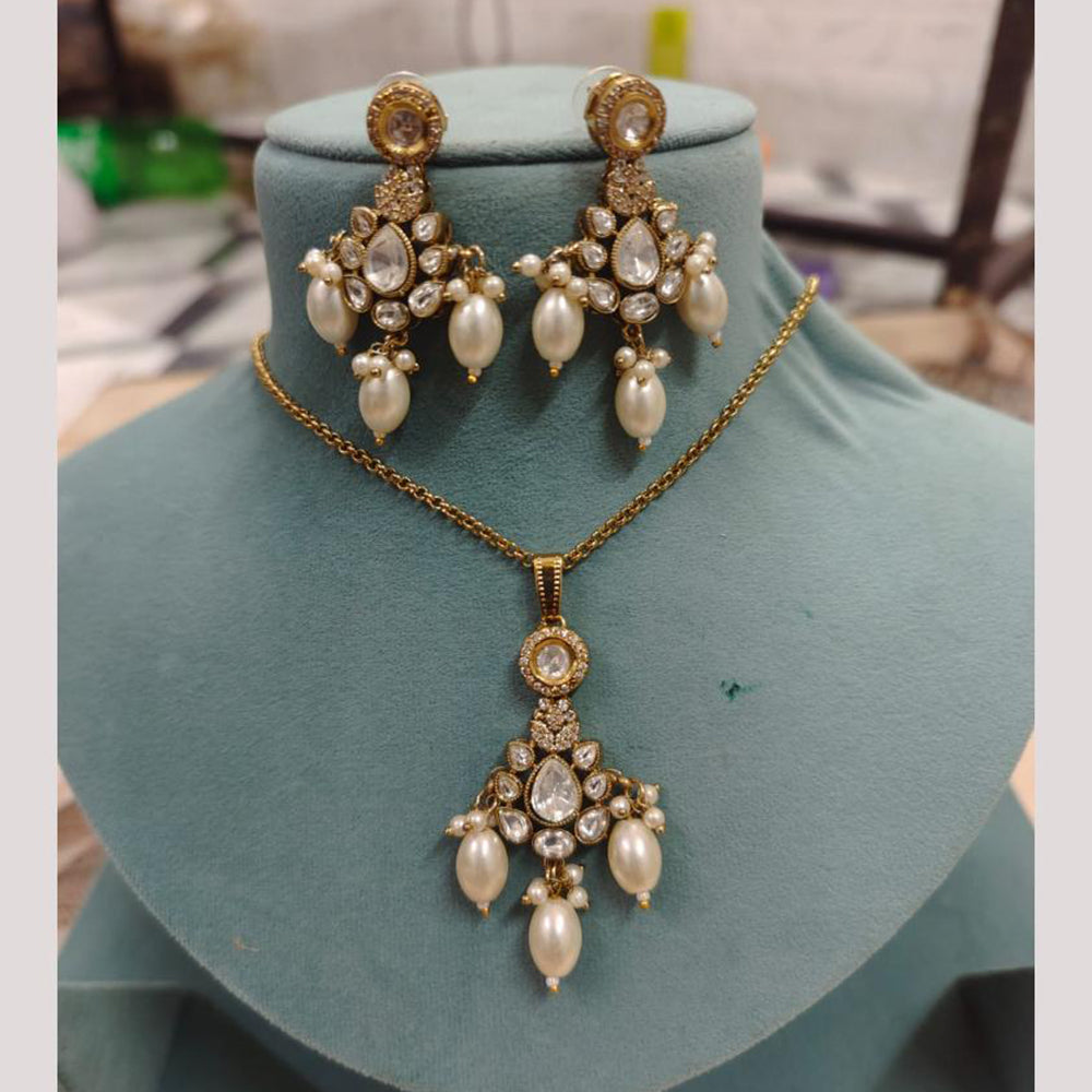 FS Collection Designer Gold Plated Kundan And Beads Traditional Chain Pendant Set