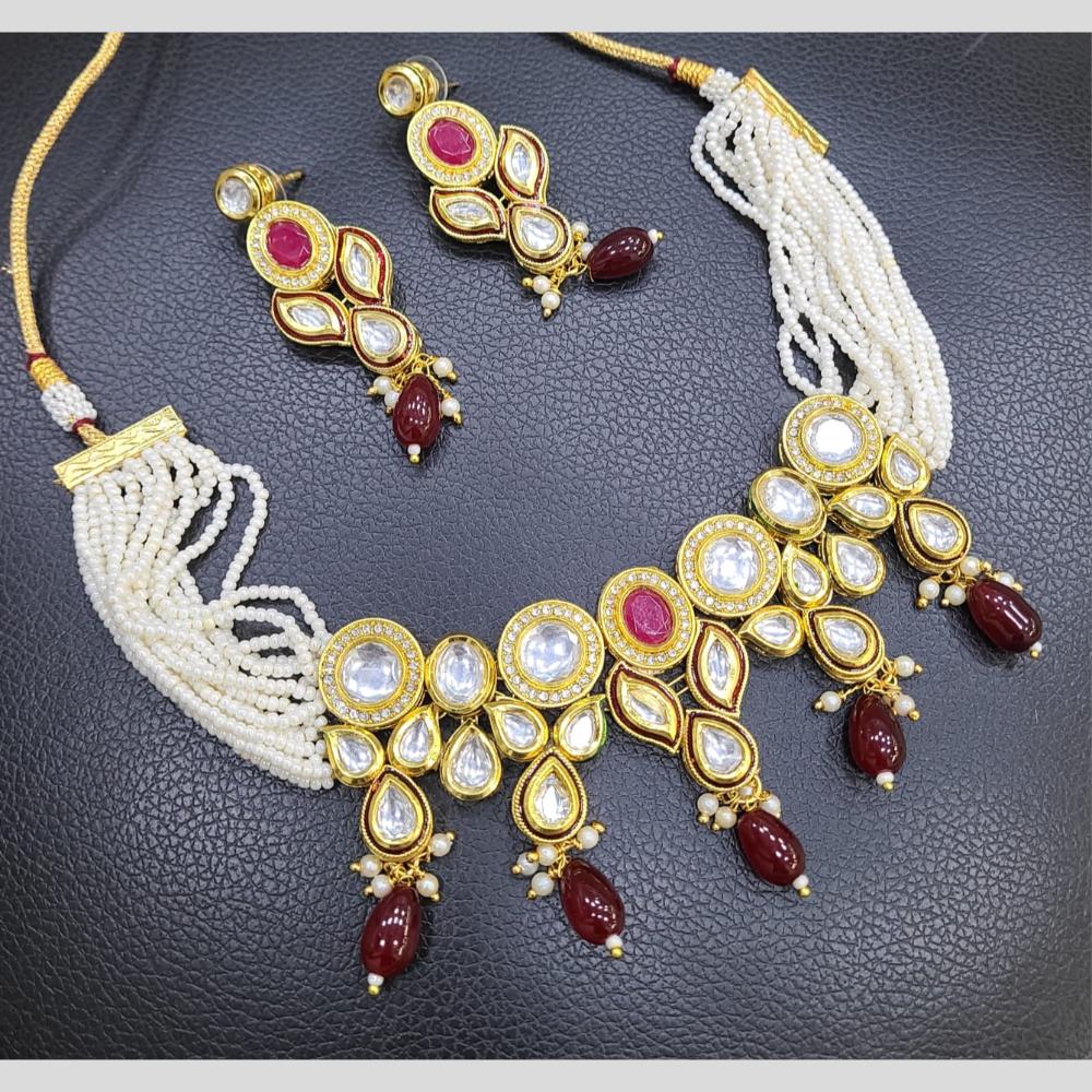 FS Collection Gold Plated Kundan Stone Pearl And Beads Choker Necklace Set