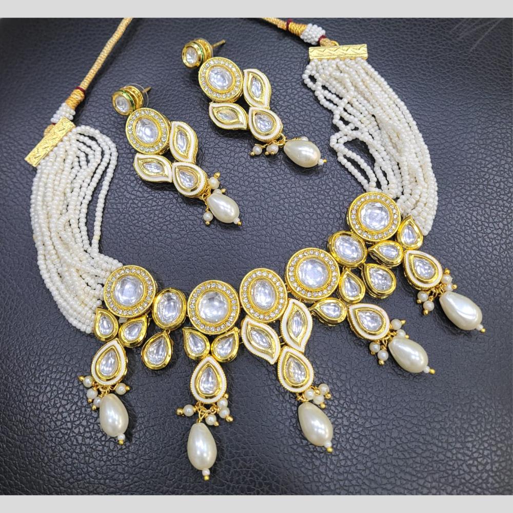 FS Collection Gold Plated Kundan Stone Pearl And Beads Choker Necklace Set