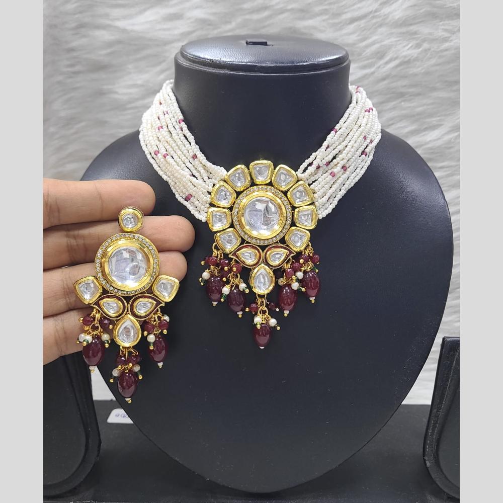 FS Collection Gold Plated Kundan Stone Pearl And Beads Choker Necklace Set