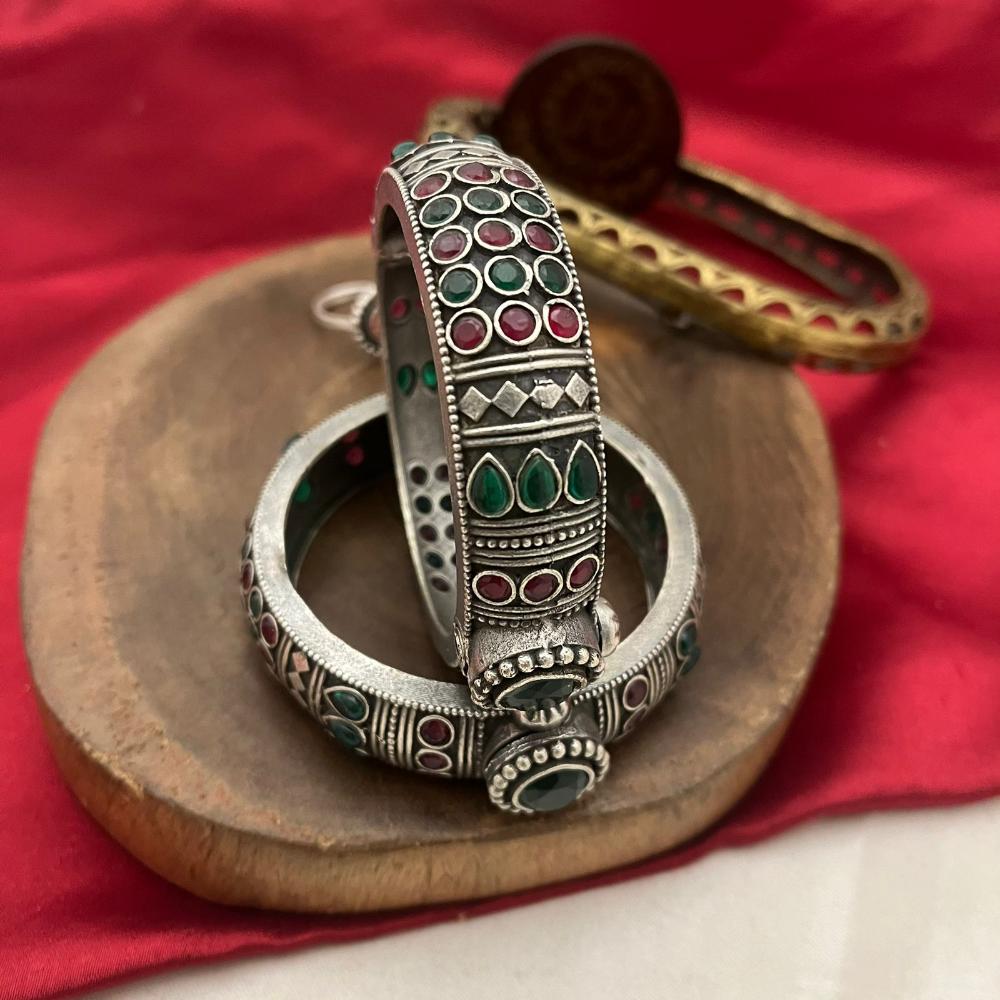 FS Collection Oxidised Plated Traditional Meets Modern Pota Stone Openable Bangle Set
