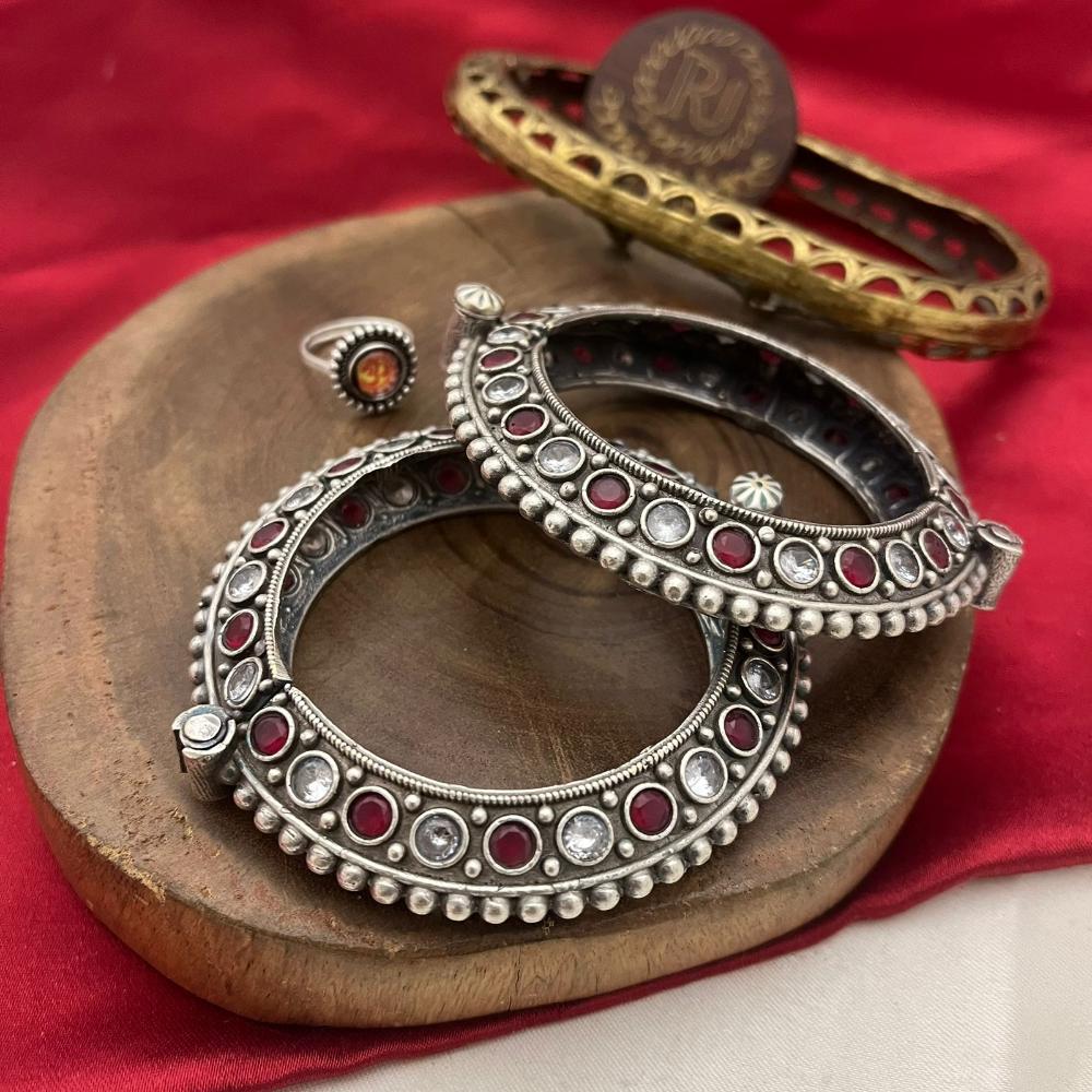FS Collection Tribal-Chic Oxidised Plated Pota Stone Openable Bangle Set