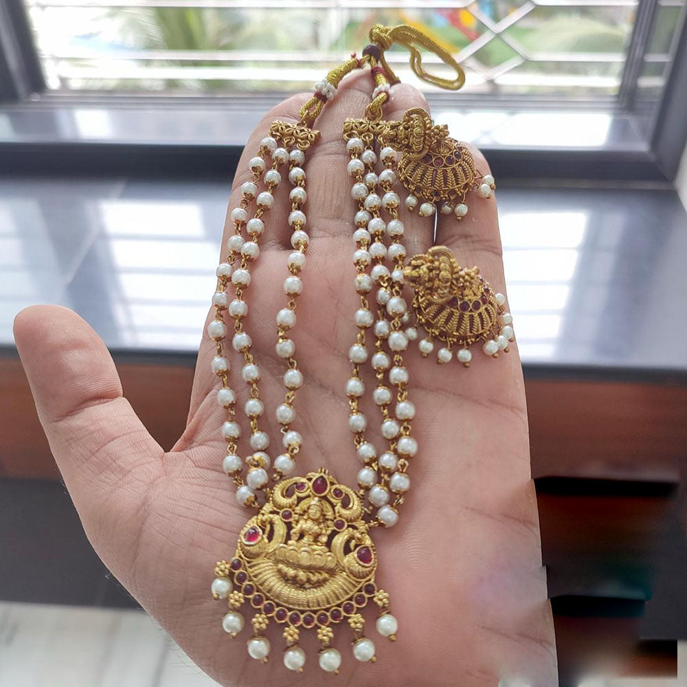 FS Collection Antique Pota Stone And Pearl Detailing Temple Necklace Set