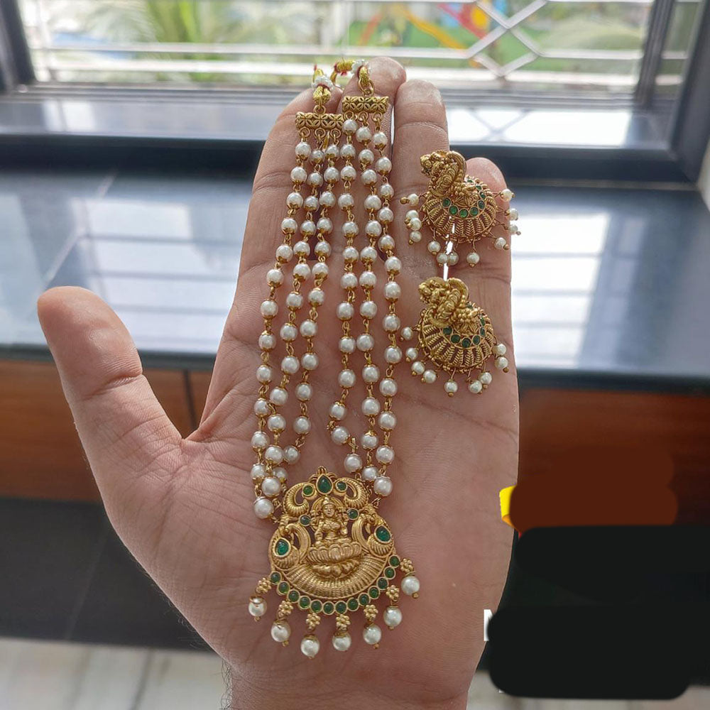 FS Collection Antique Pota Stone And Pearl Detailing Temple Necklace Set