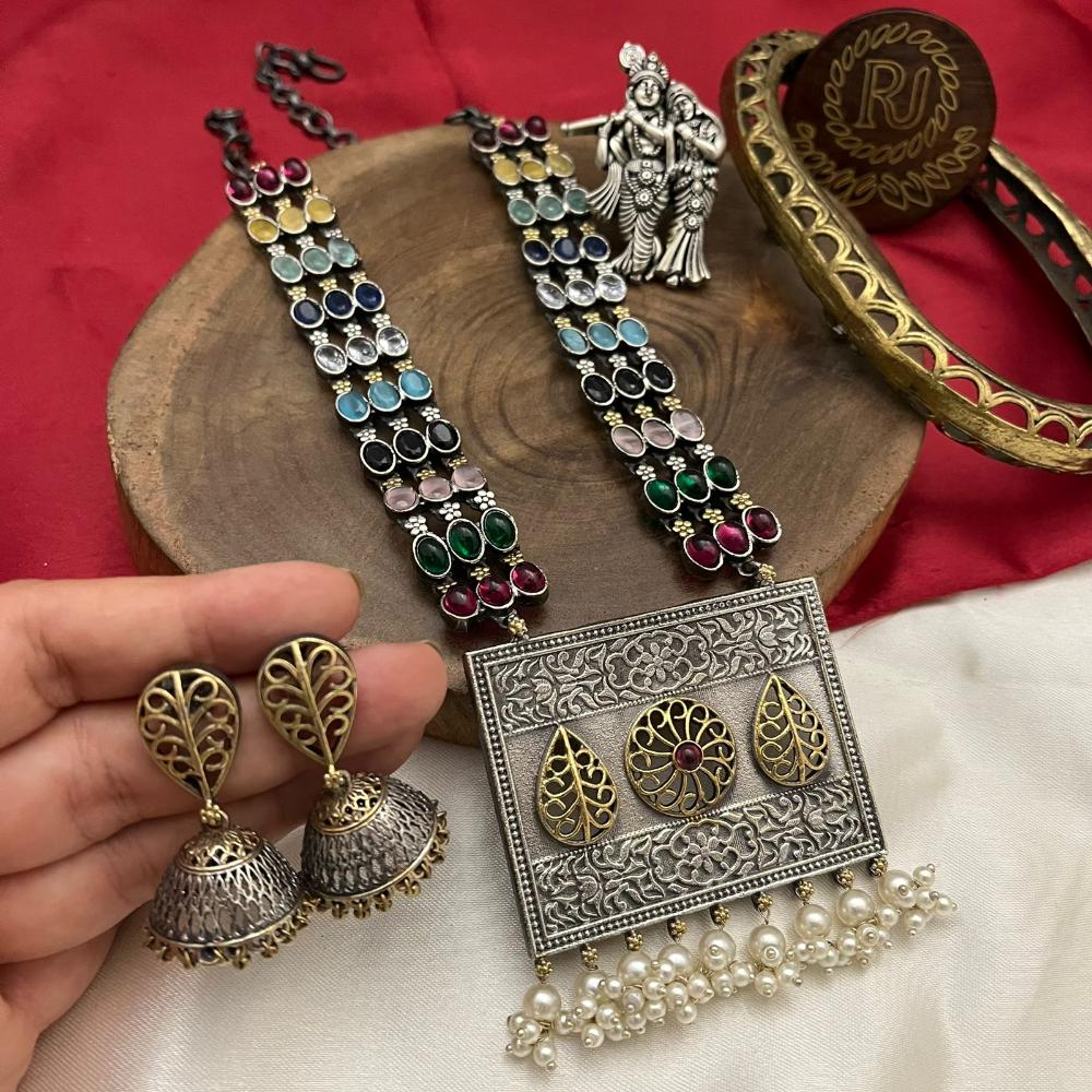 FS Collection 2 Tone Plated Pota Stone And Pearl Long Necklace Set
