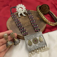 FS Collection 2 Tone Plated Pota Stone And Pearl Long Necklace Set