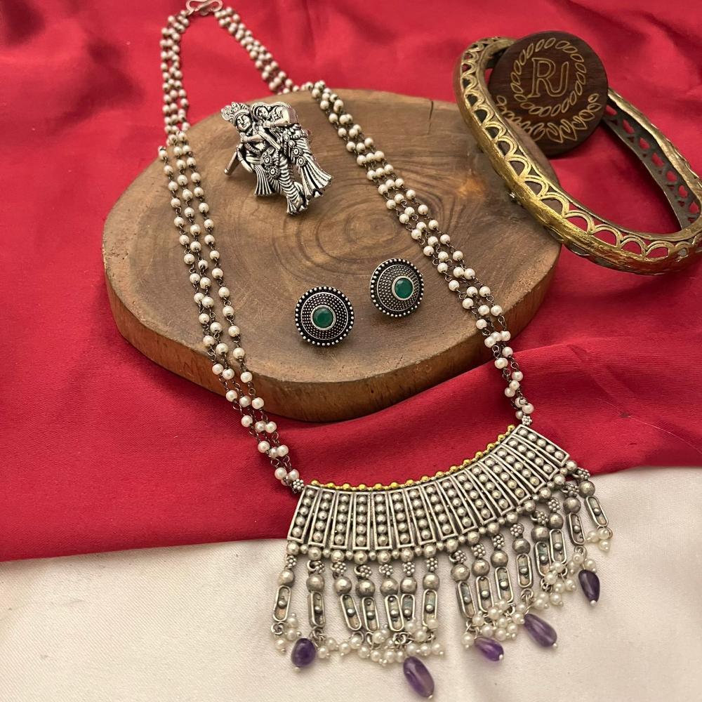 FS Collection 2 Tone Plated Pota Stone And Pearl Long Necklace Set