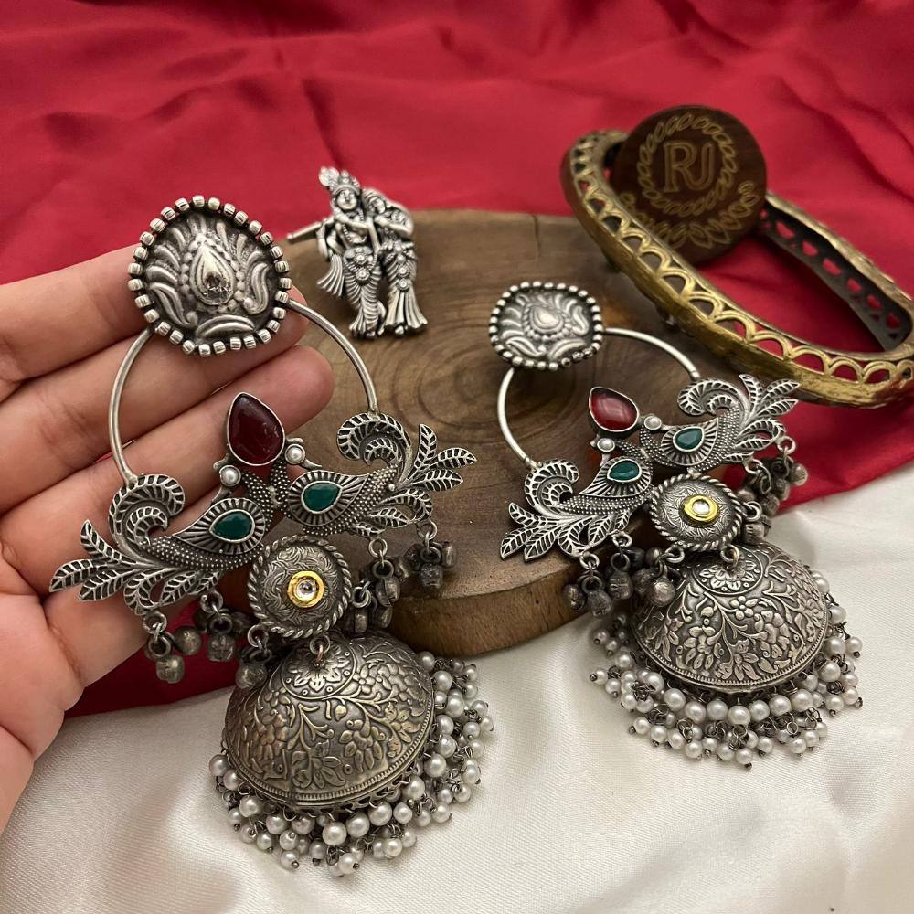 FS Collection 2 Tone Oxidised Plated Pota Stone Jhumki Earrings