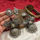 FS Collection 2 Tone Oxidised Plated Pota Stone Jhumki Earrings