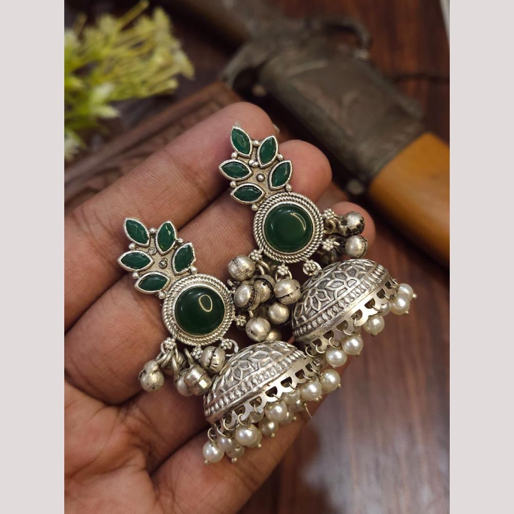 FS Collection Oxidised Plated Pota Stone Jhumki Earrings